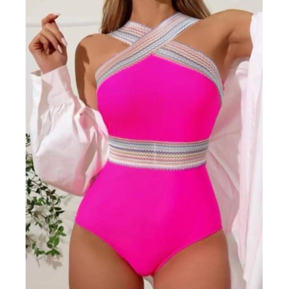 Other - Boho striped crisscross front one piece swimsuit